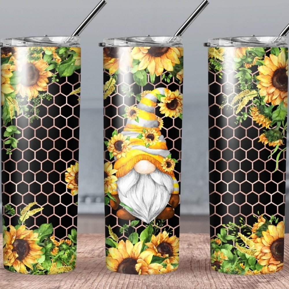 Gnome Sunflower Tumbler With Black Honeycomb